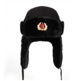 Soviet Army Military Badge Russia Ushanka Bomber Hats Pilot Trapper Aviator Cap Winter Faux Rabbit Fur Earflap Snow